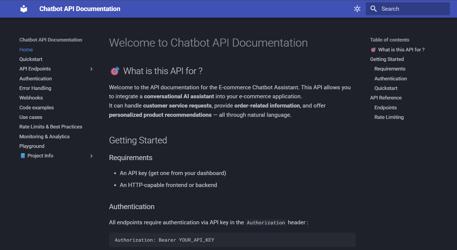 Chatbot — Documentation (MkDocs) project screenshot