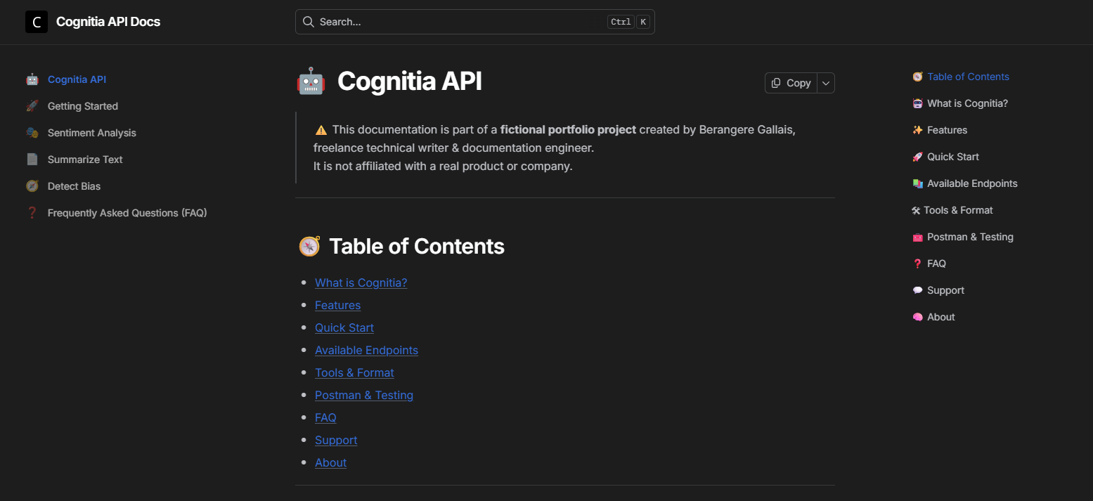 Cognitia API — Developer Docs (GitBook) project screenshot