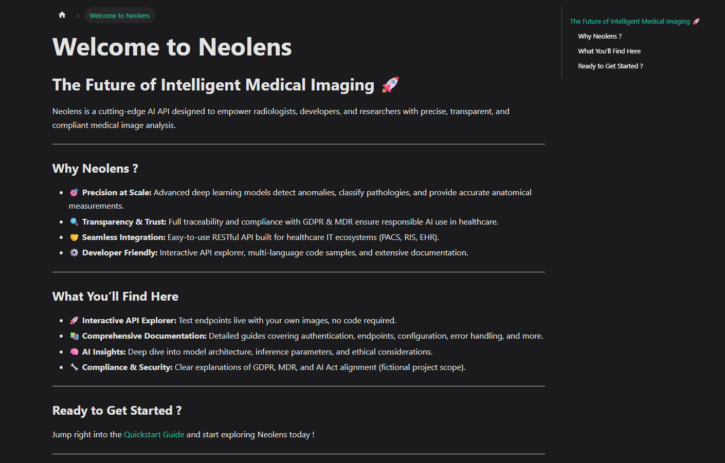 Neolens — Documentation API (Docusaurus) project screenshot