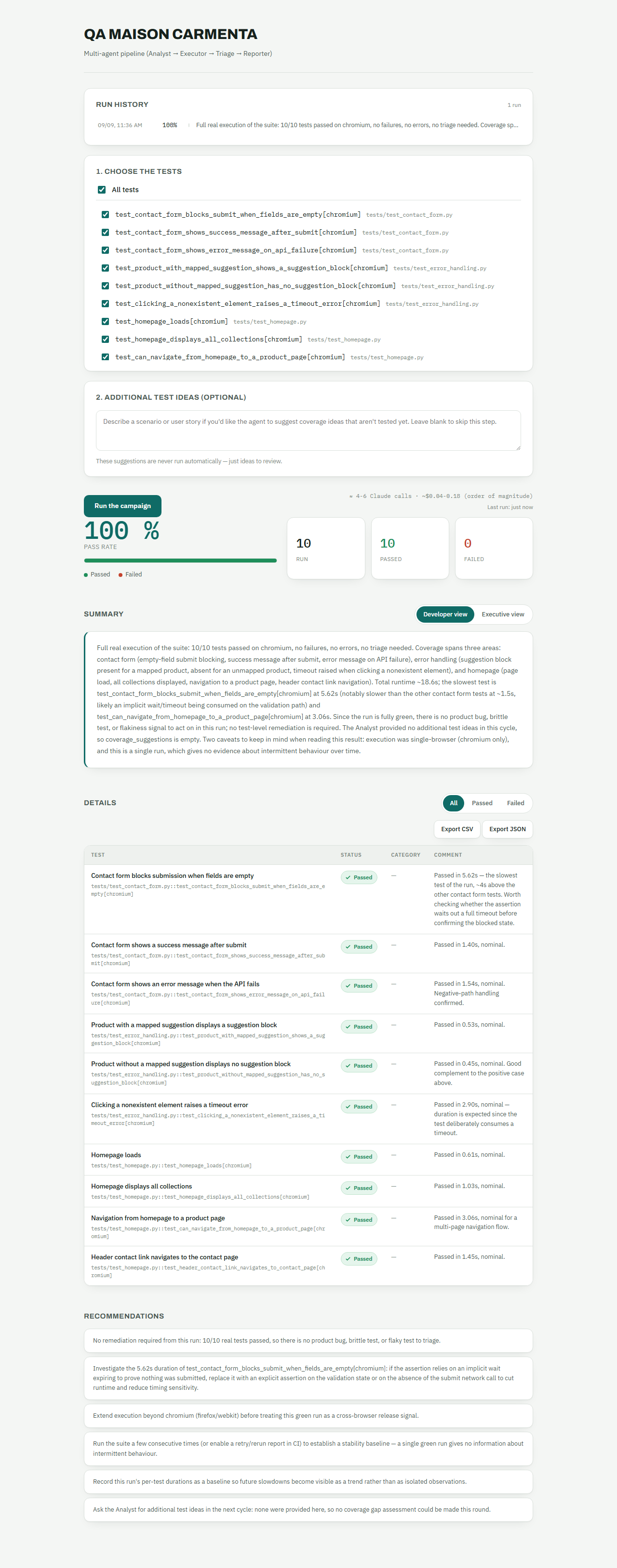 Rapport généré par QA Agent Supervisor : historique des runs, taux de réussite et résumé