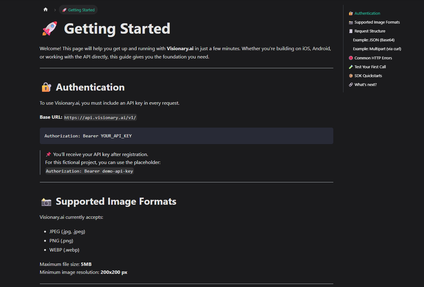 Visionary.ai — API & SDK Docs project screenshot